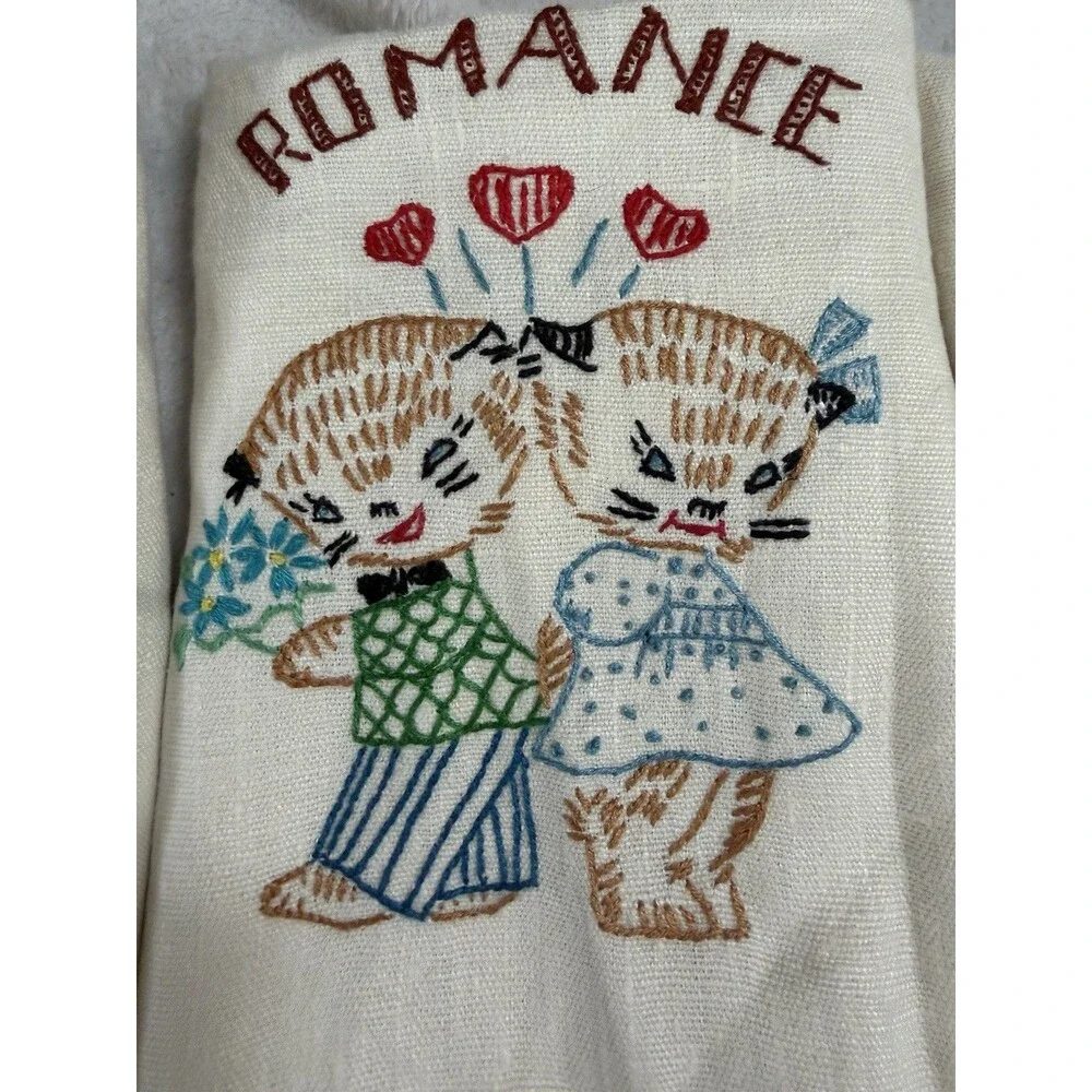 Vintage May Company Polish Embroidered Linen Tea Towels Cats Set of 3 16x25